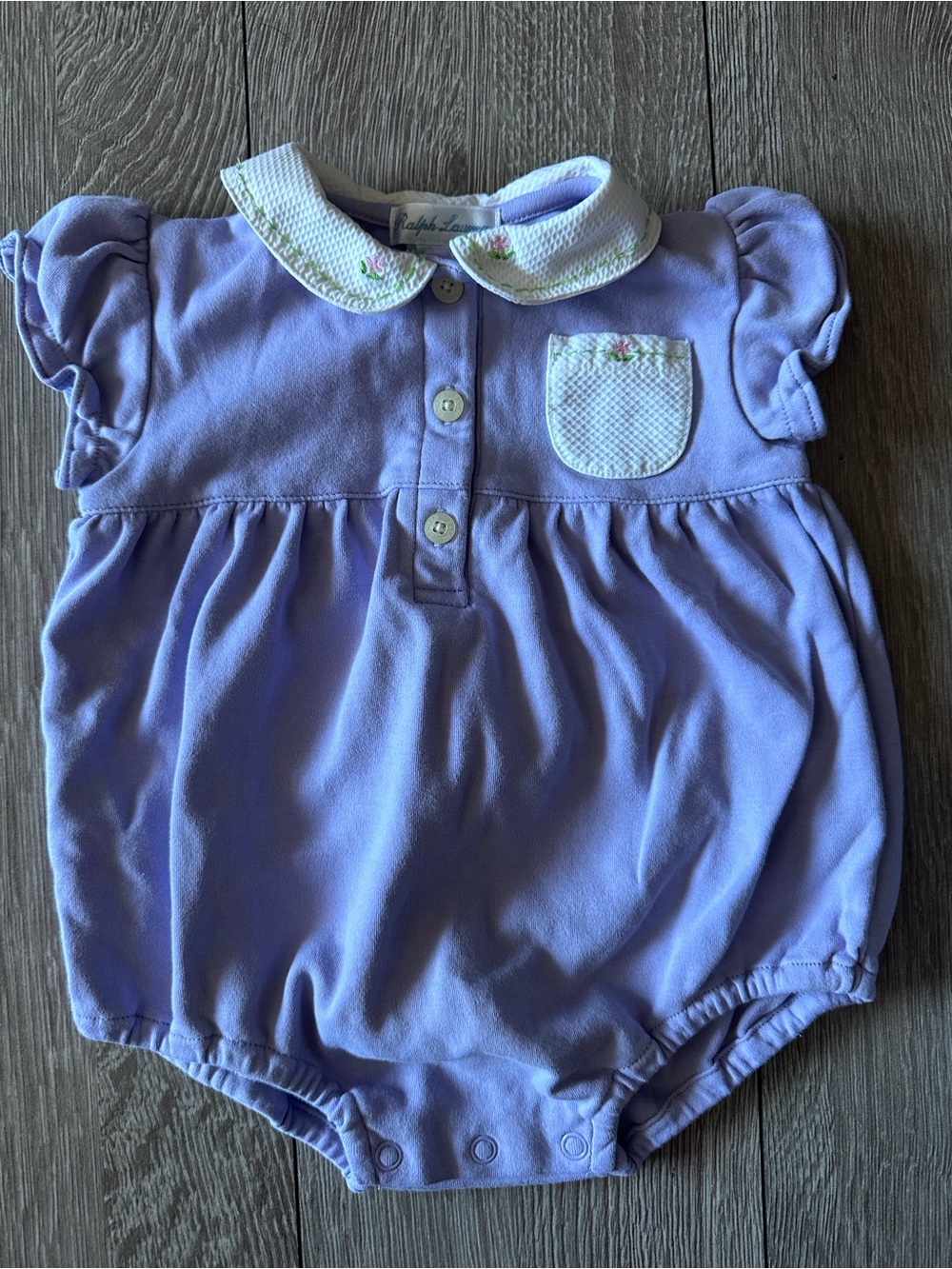 Vintage Ralph Lauren Lavender Baby Girl Romper with Embroidered Collar